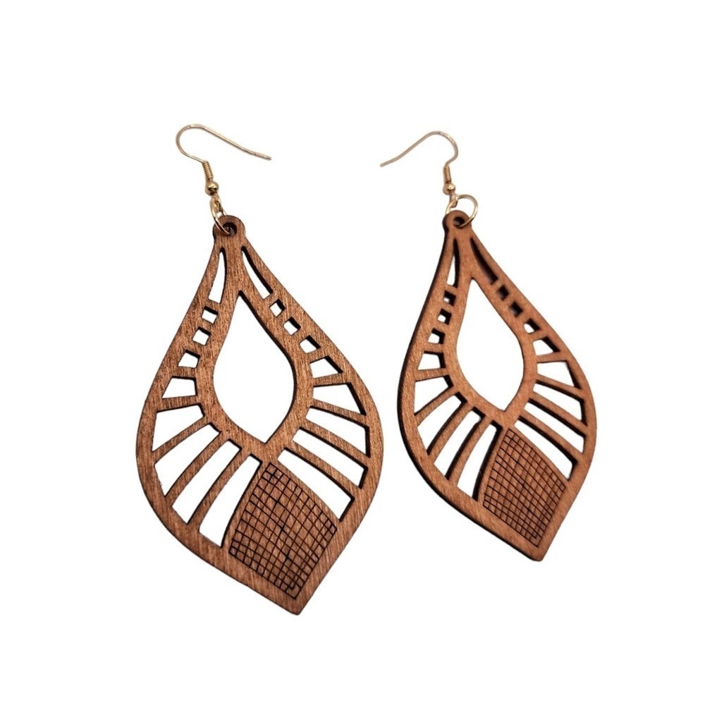 Wood Earrings Brown Teardrop - Picture 2 of 3